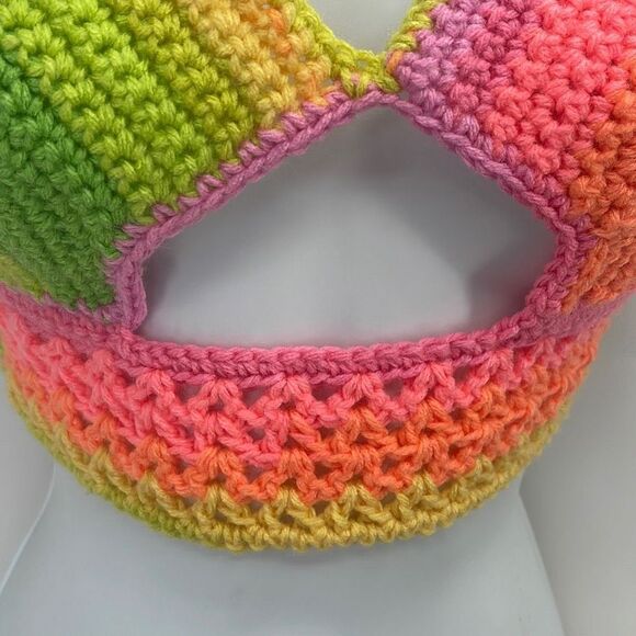 Handmade peek-a-boo crochet rainbow neon halter top crop open knit - Picture 10 of 11